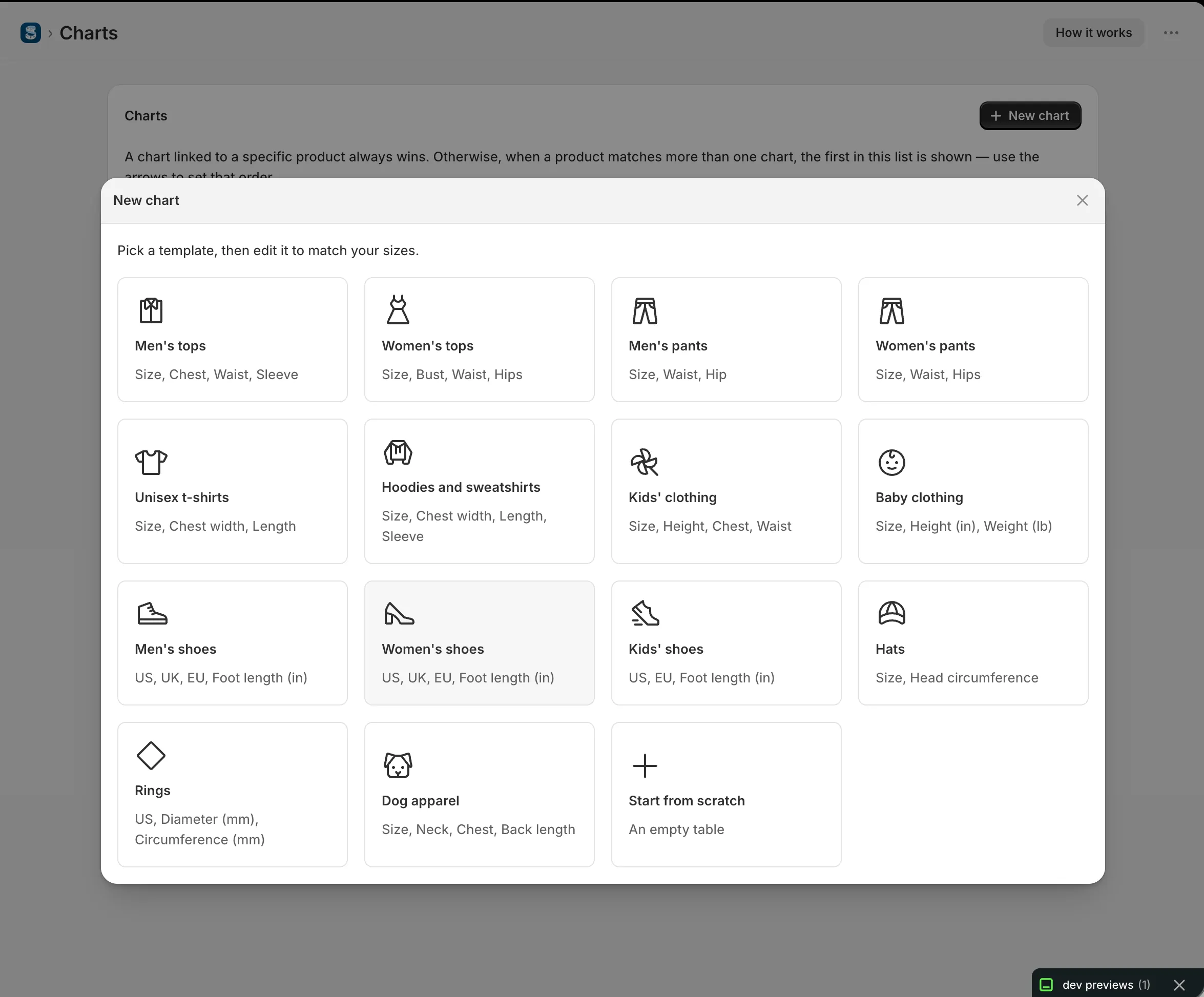 Snug New chart modal showing a grid of size-chart templates to pick from.