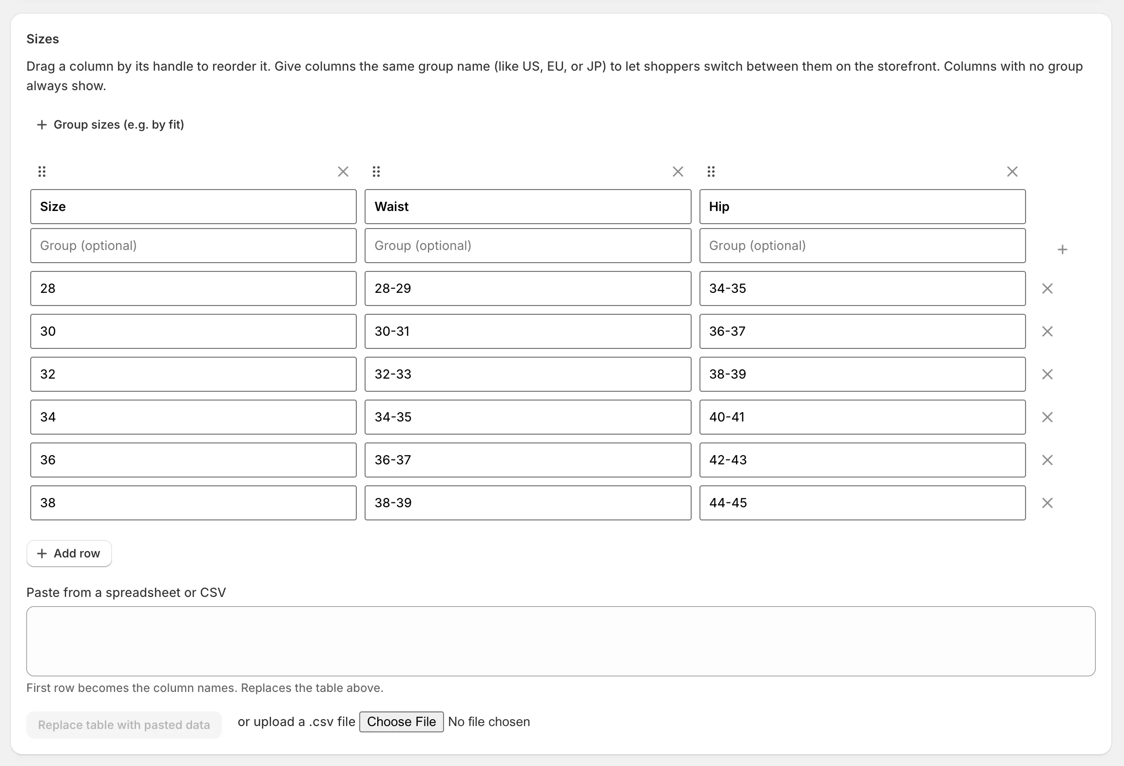 Snug chart editor with an editable sizes table of Size, Waist, and Hip columns.