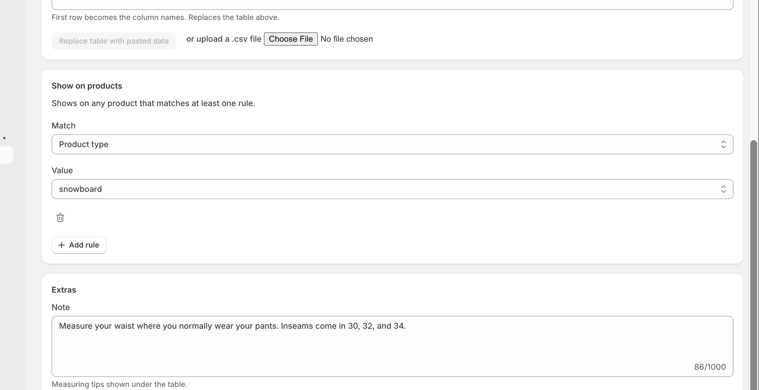 Snug editor Show on products section, matching a rule by product type.
