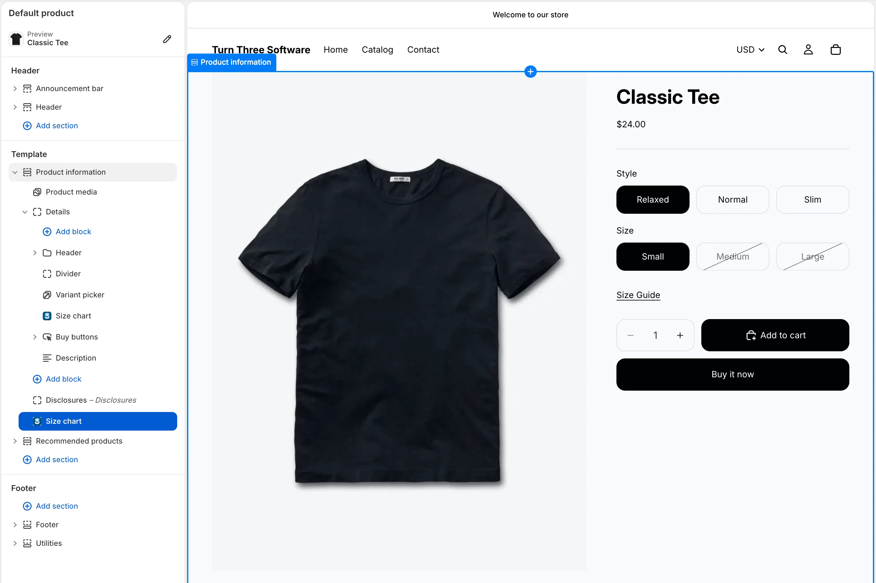 Shopify theme editor with the Snug Size chart block added to a product page.