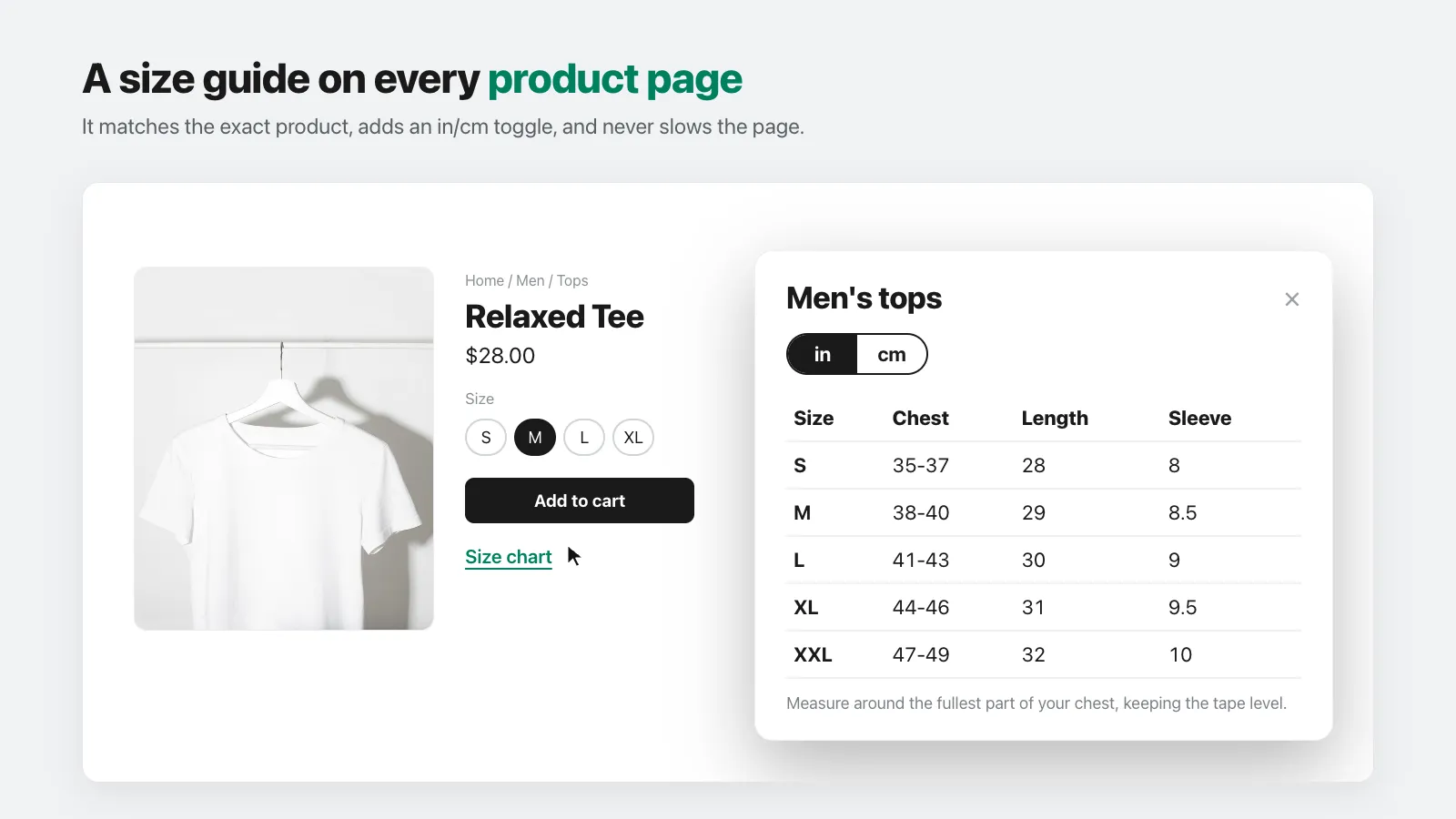 Storefront product page with a Snug size-chart popover showing an inches/centimeters toggle.